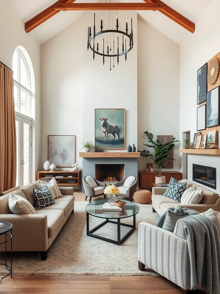 Living room with high ceilings, showcasing textured fabrics and cozy seating.