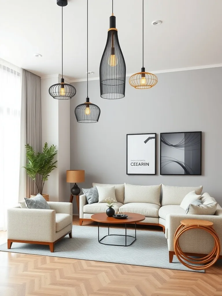 A modern living room featuring unique pendant lighting fixtures and neutral decor.