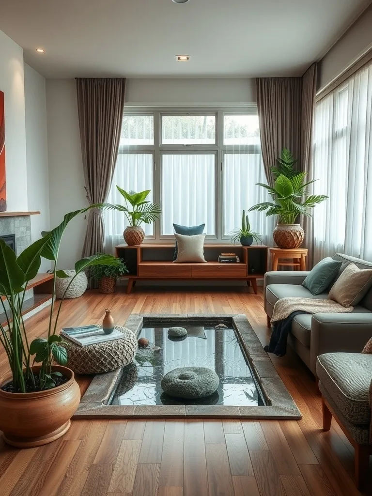 A green living room featuring a water feature, plants, and natural elements.