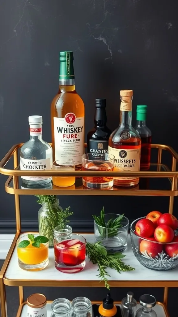 A stylish whiskey lounge setup featuring various whiskey bottles and mixers.