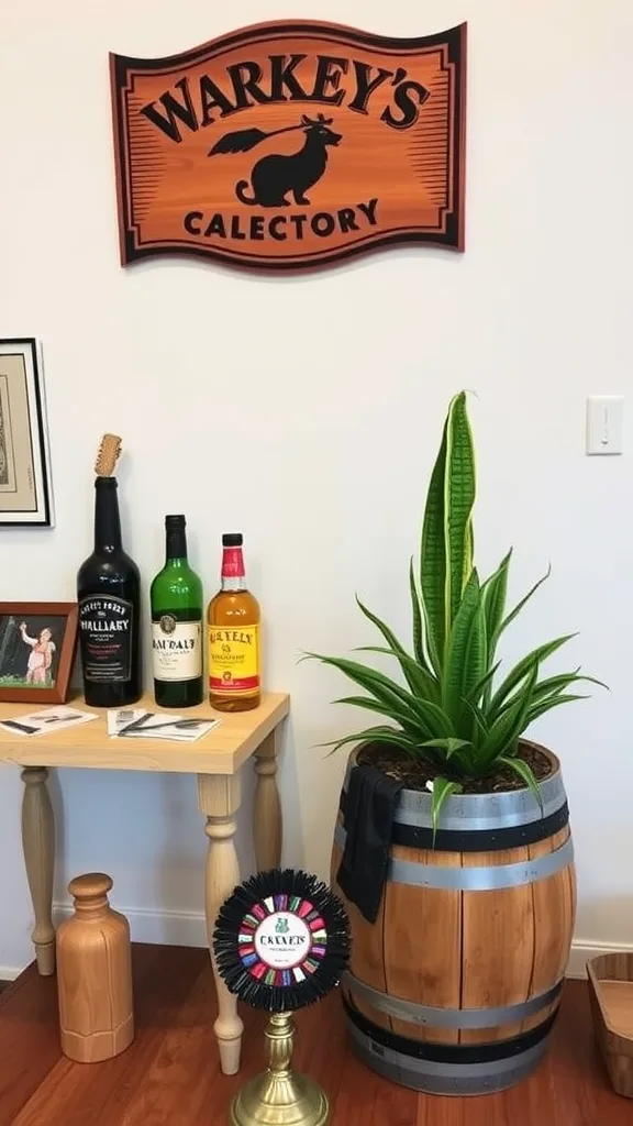 A cozy whiskey lounge setup with bottles, plants, and decor.