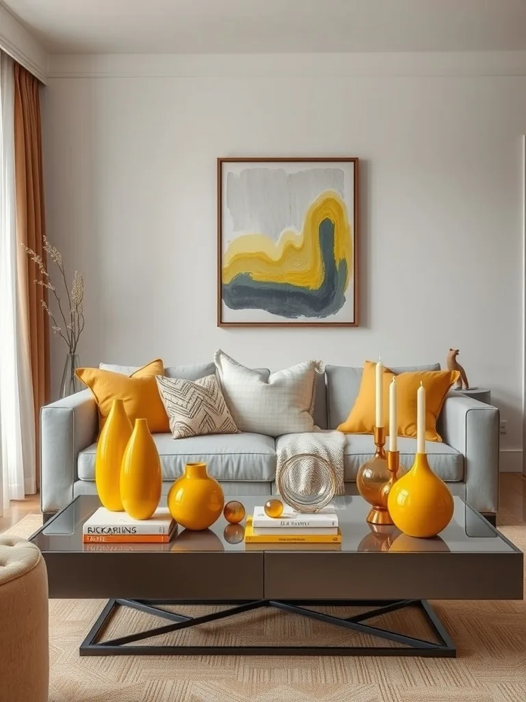 A stylish living room featuring yellow accessories like vases and cushions.