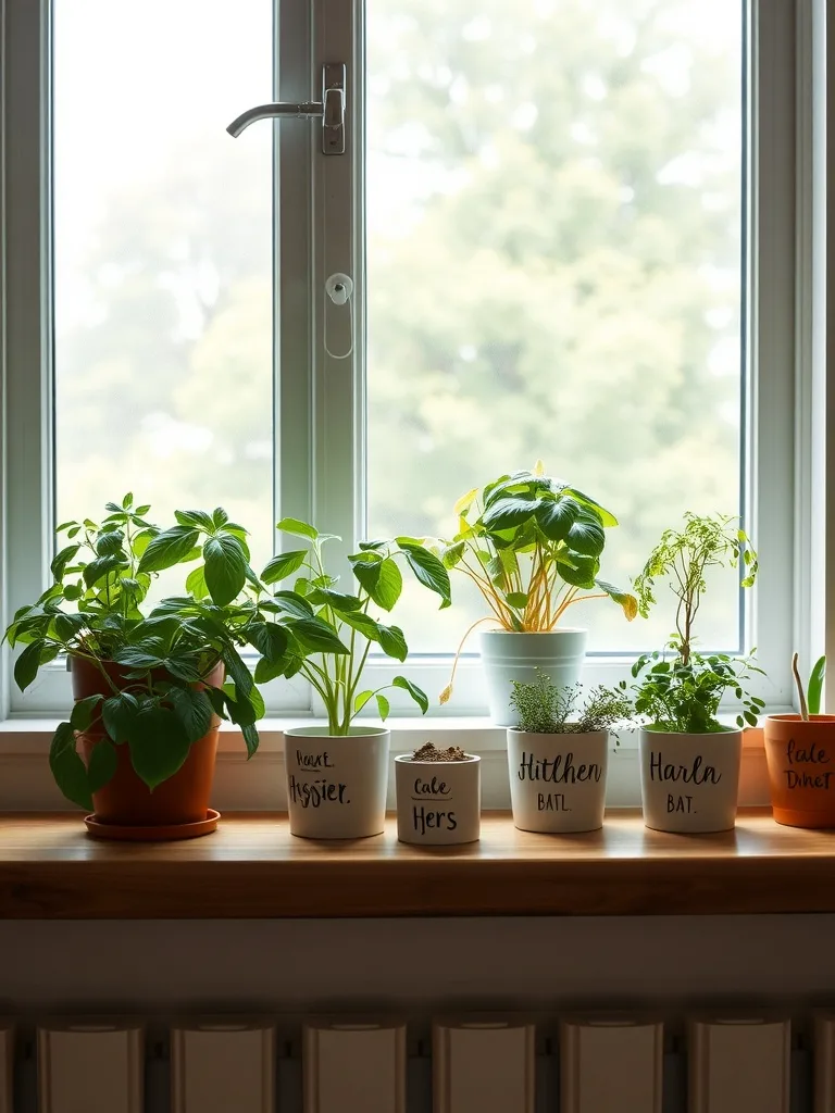 A sunny windowsill with various herbs in labeled pots.