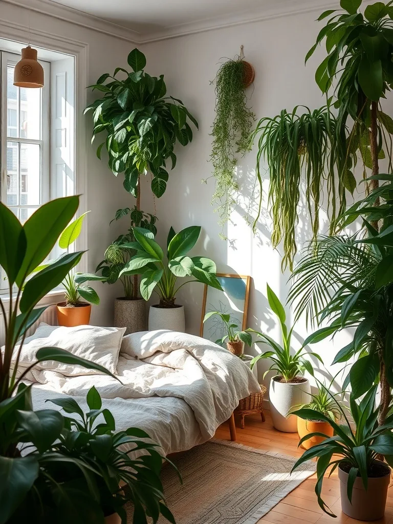 Cozy bedroom with various indoor plants and a bed.