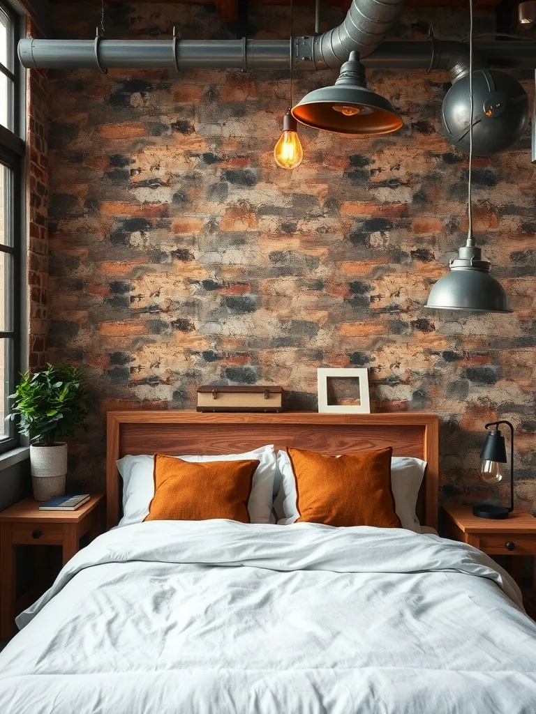 A cozy industrial-style bedroom featuring a brick wall, wooden bed frame, and metal light fixtures.