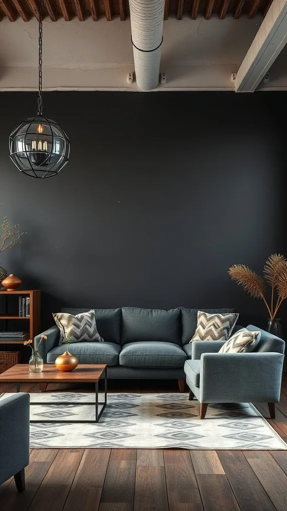 A stylish living room featuring a black accent wall, modern furniture, and industrial decor elements.