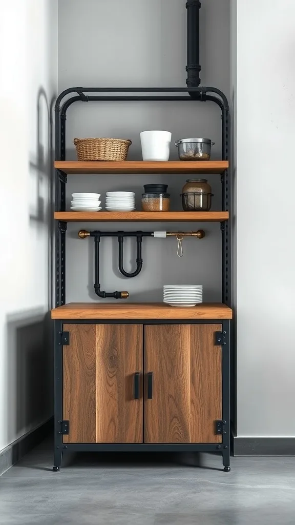 Industrial kitchen cabinet with metal accents and wooden shelves.