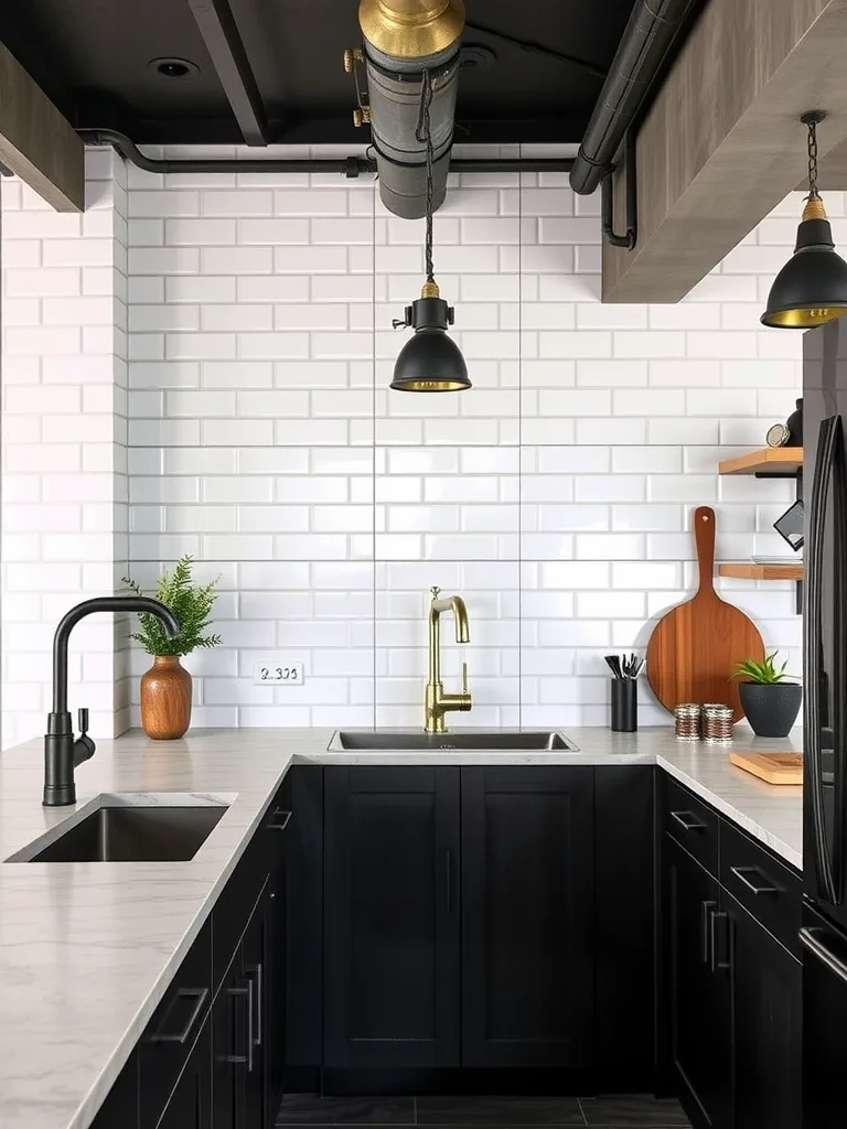 A stylish kitchen with industrial metal fixtures and dark cabinetry.