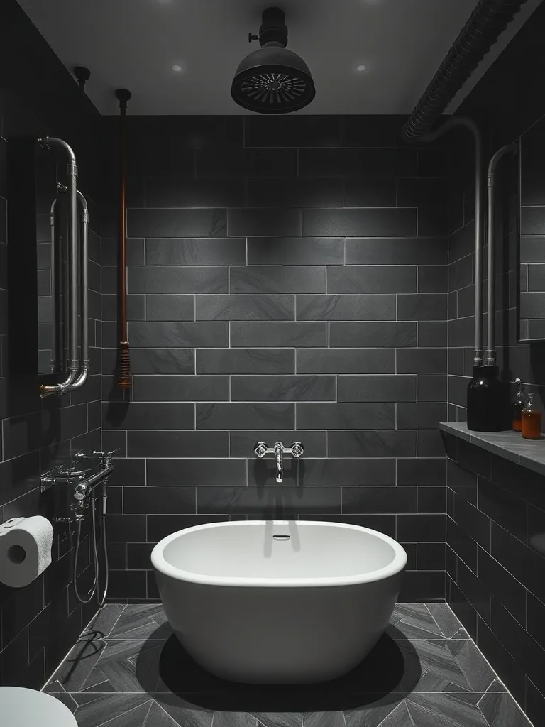 A dark and moody bathroom featuring industrial pipe details with a freestanding bathtub.