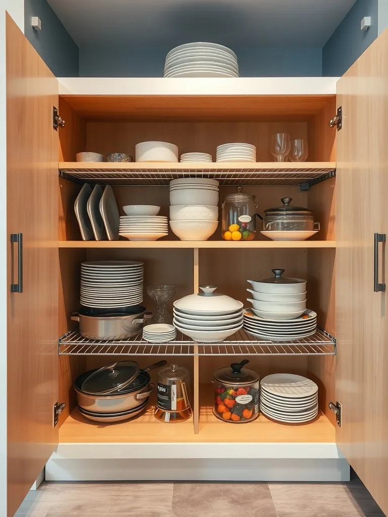 An organized kitchen cabinet with various dishware and clear storage containers