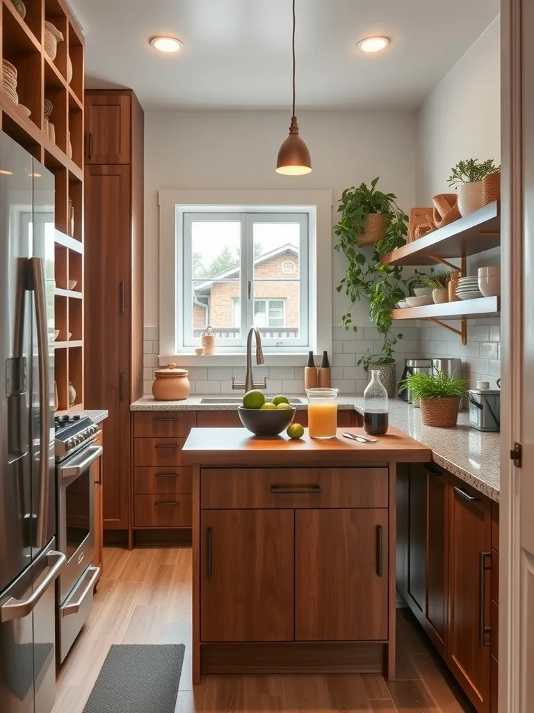 Small galley kitchen featuring a wooden kitchen island with a bowl of fruit and drinks, bright lighting, and open shelving.