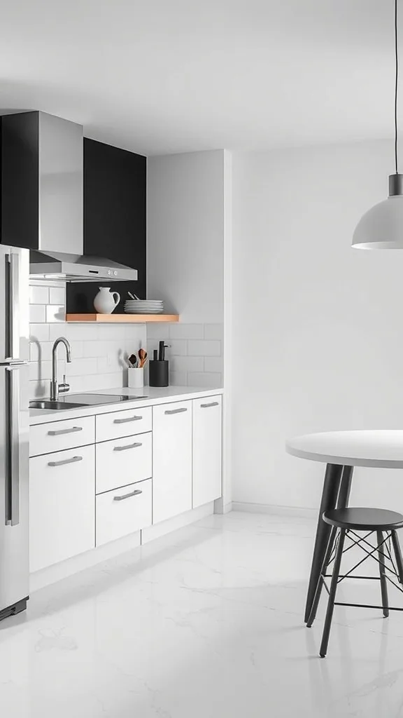 A stylish black and white kitchen featuring sleek cabinets, stainless steel appliances, and a round table.