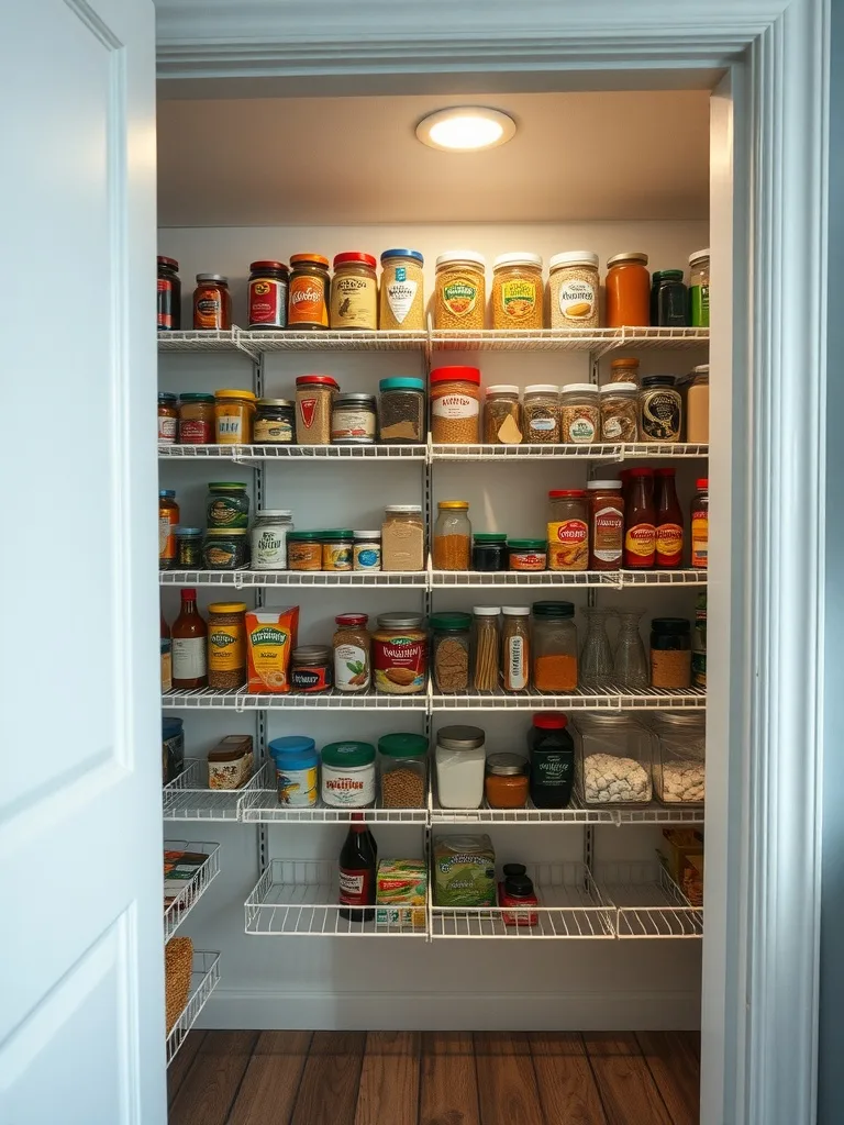 Organized pantry with jars and containers, featuring shelves and open door space.