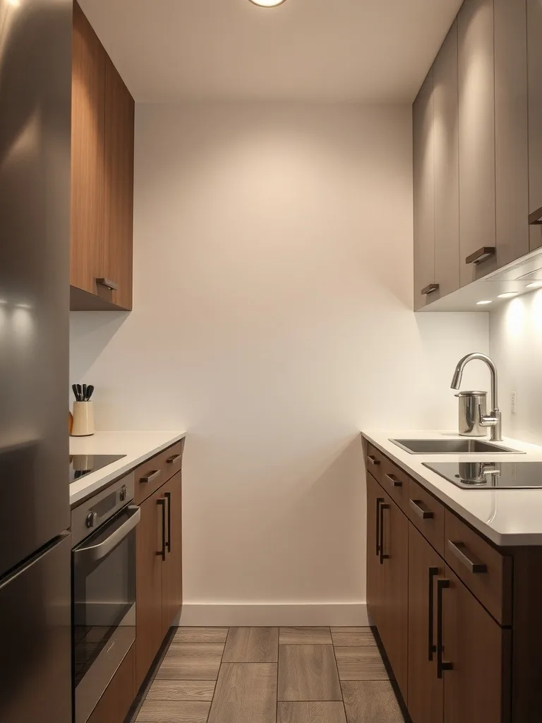 A small galley kitchen featuring integrated appliances with wooden cabinetry and modern fixtures.