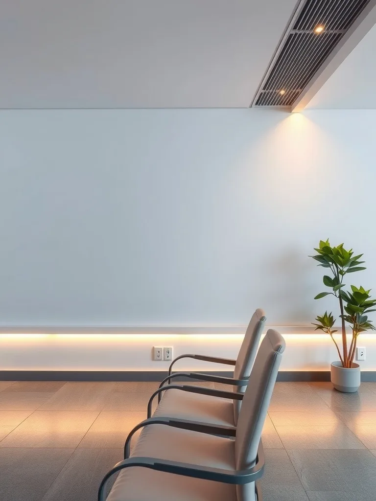 Modern room with integrated lighting along the chair rail, featuring minimalist chairs and a plant.