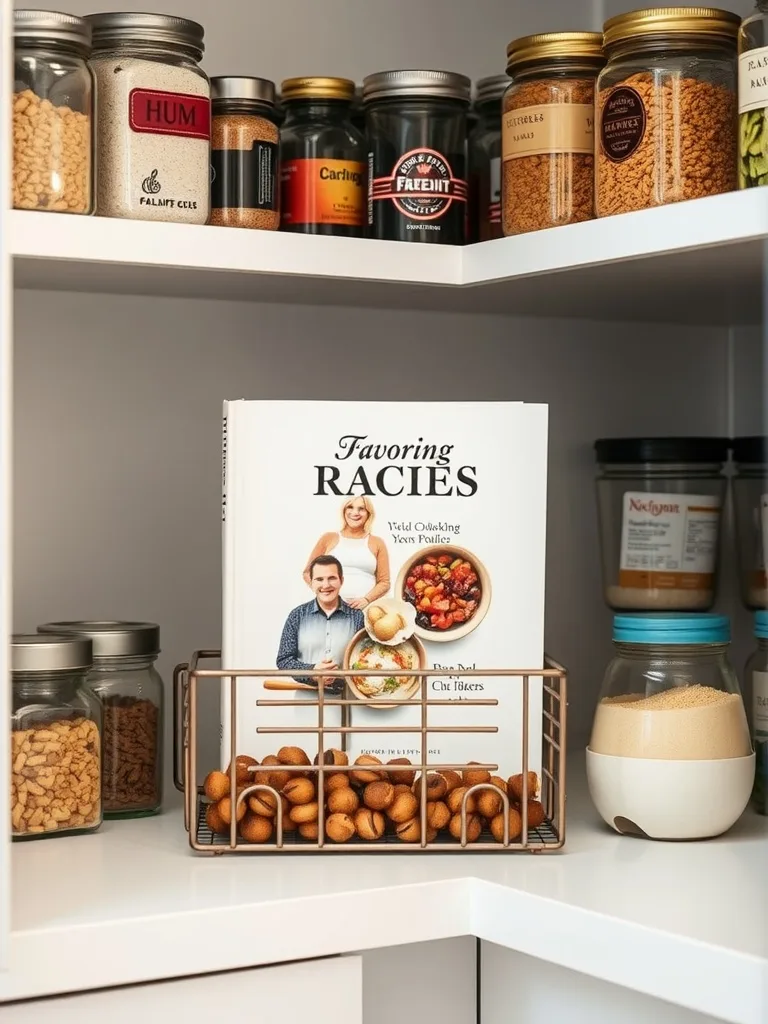 A pantry shelf featuring a cookbook holder with the book 'Favoring Raciës' and jars of spices and ingredients.