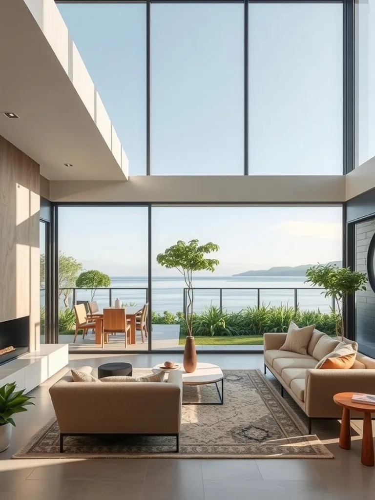 A modern living room featuring large windows with views of the outdoors, showcasing plants and a dining area.