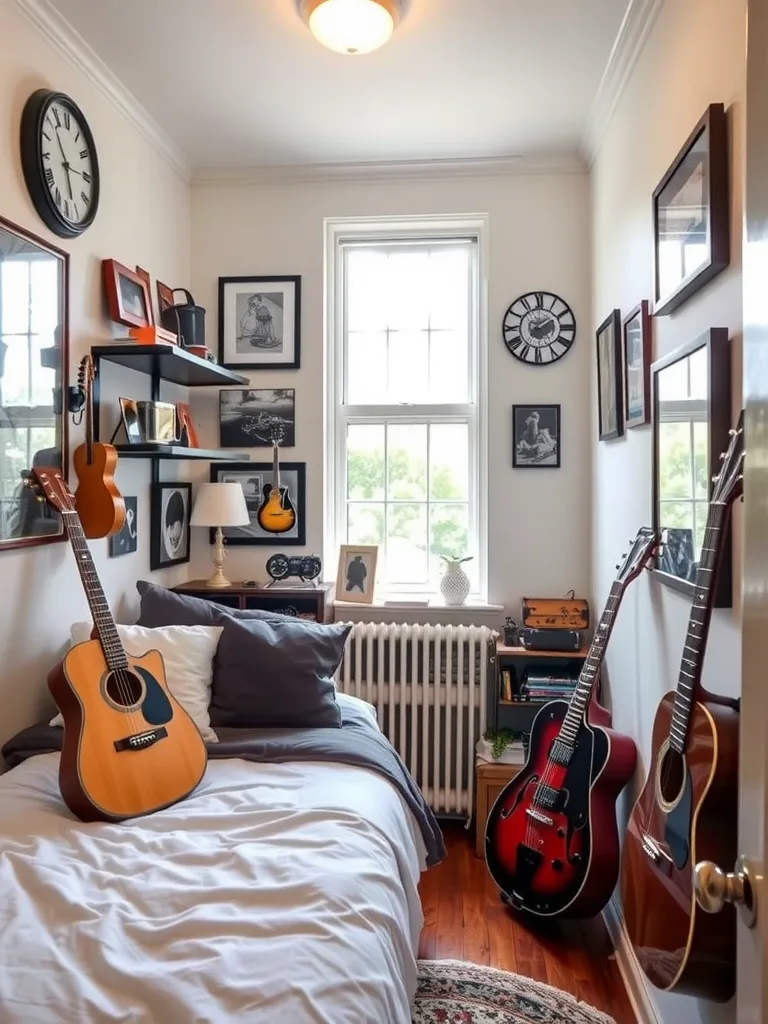 A cozy narrow bedroom featuring guitars, memorabilia on the walls, and personal touches.