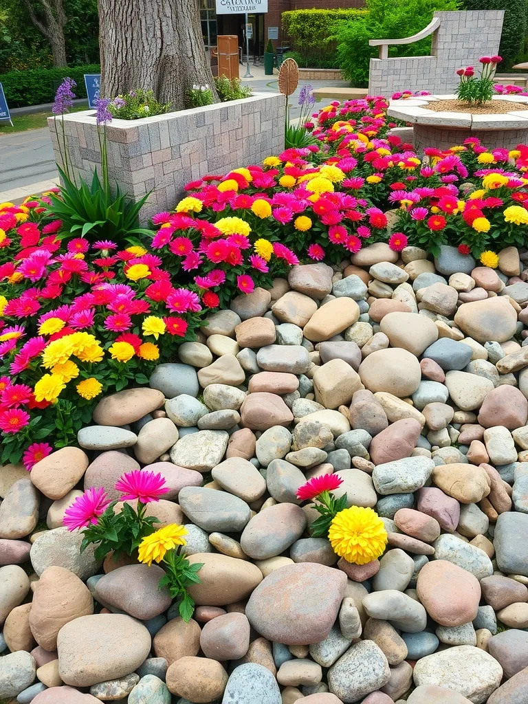 Colorful flower bed featuring pink and yellow flowers surrounded by river rocks.