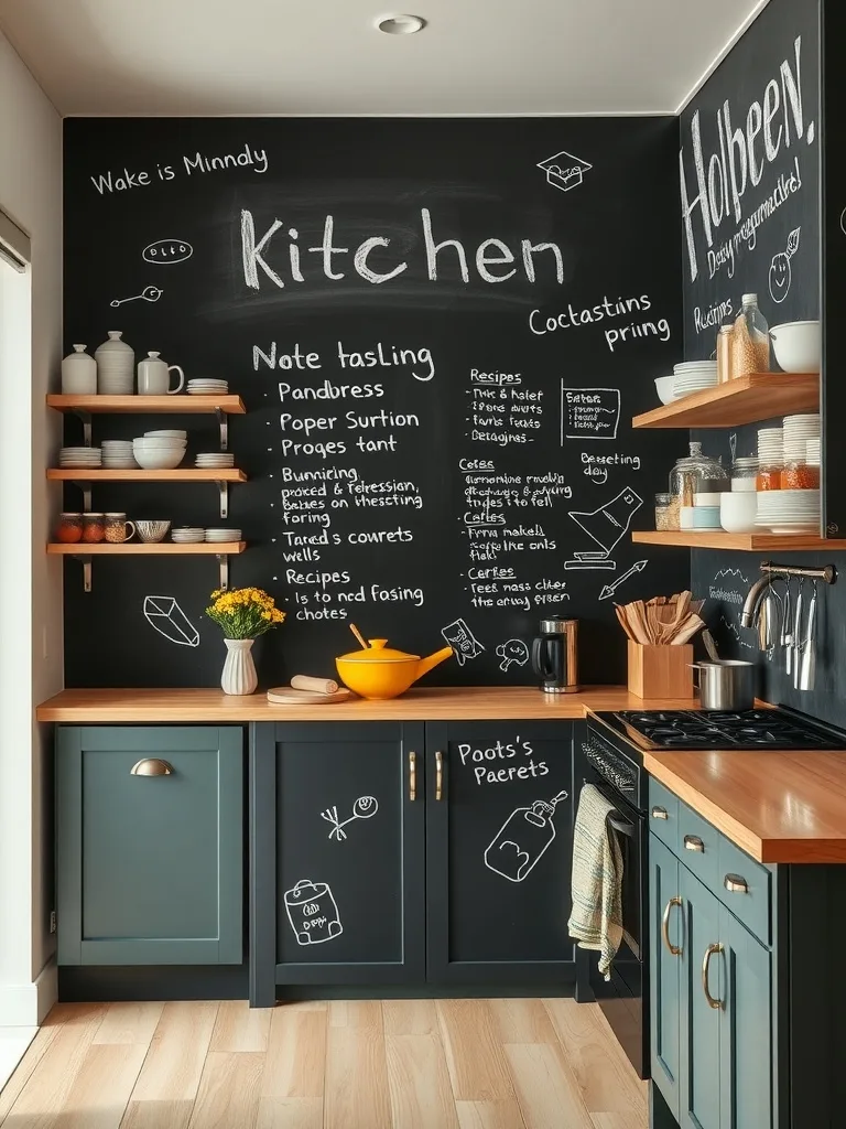 A kitchen with a chalkboard wall featuring handwritten recipes, notes, and drawings.