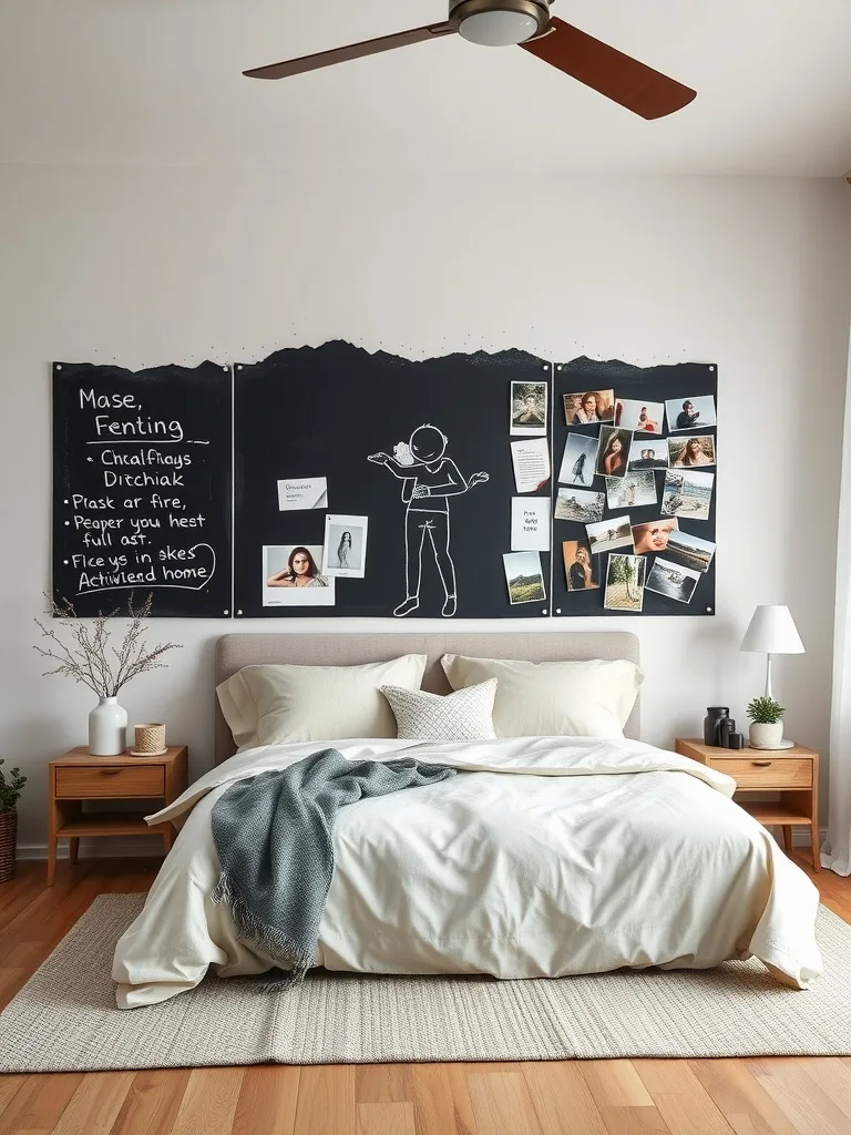 A cozy bedroom with a chalkboard wall, showcasing photos and a playful drawing.