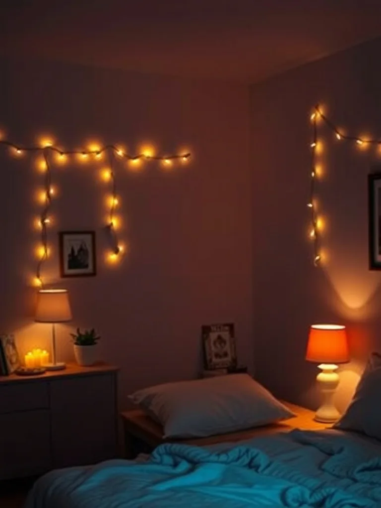 A cozy bedroom with warm lighting, including fairy lights and bedside lamps