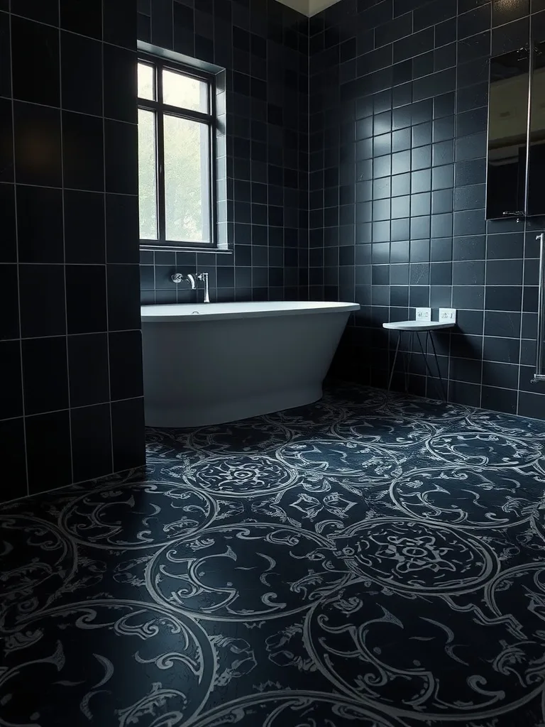 A dark bathroom featuring intricate patterned floor tiles and dark walls.