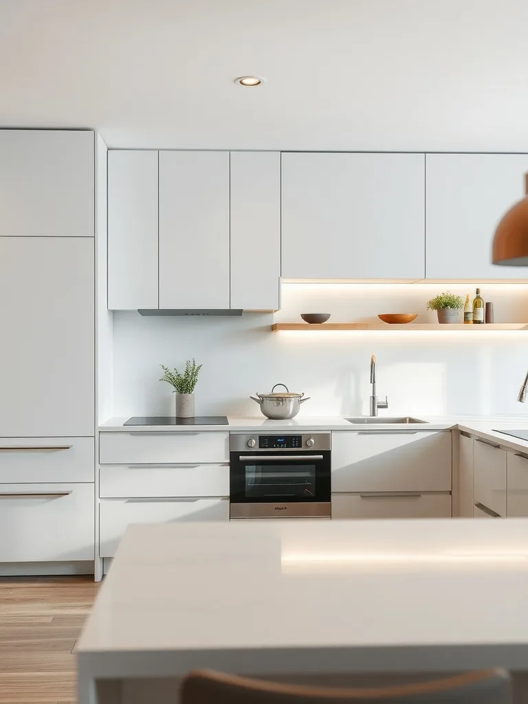 A modern kitchen with minimal visible hardware, featuring dark tones and sleek cabinetry.