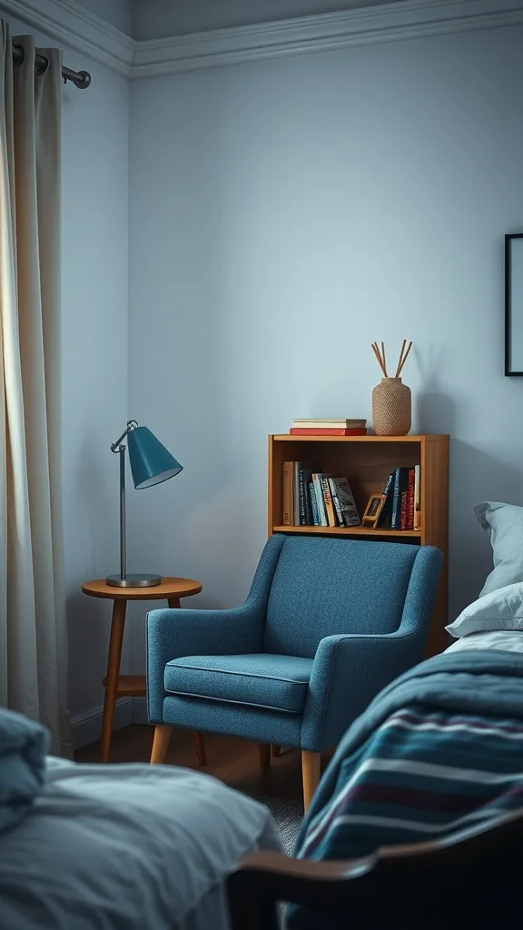 Cozy reading nook in a blue and gray bedroom with a chair, lamp, and bookshelf.