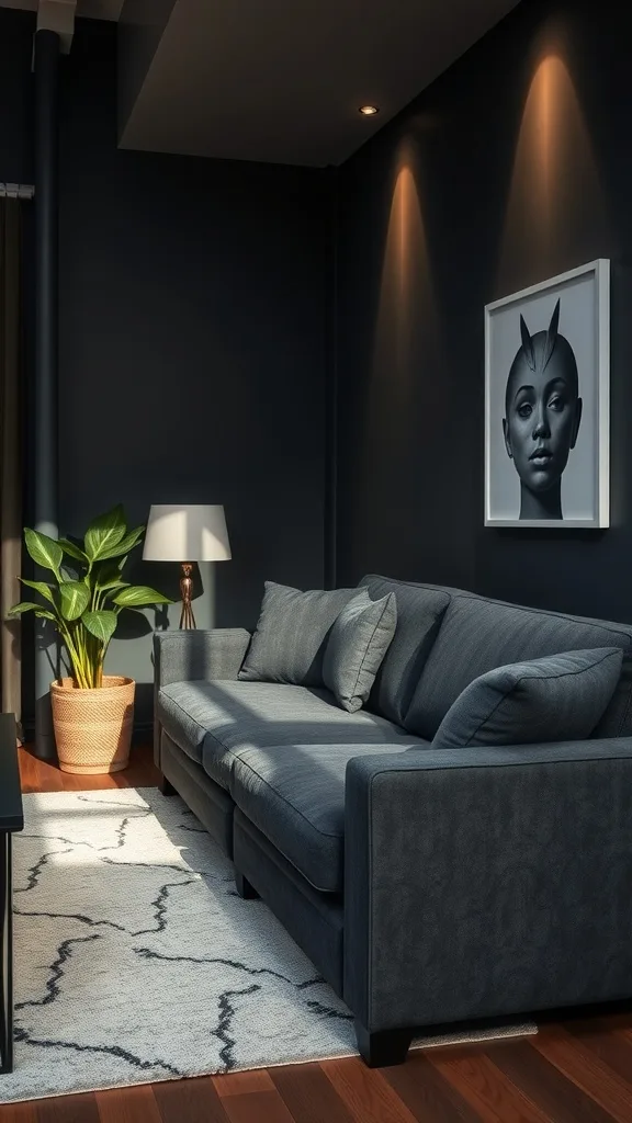 Cozy living space featuring a dark gray sofa, floor lamp, and wall sconces.