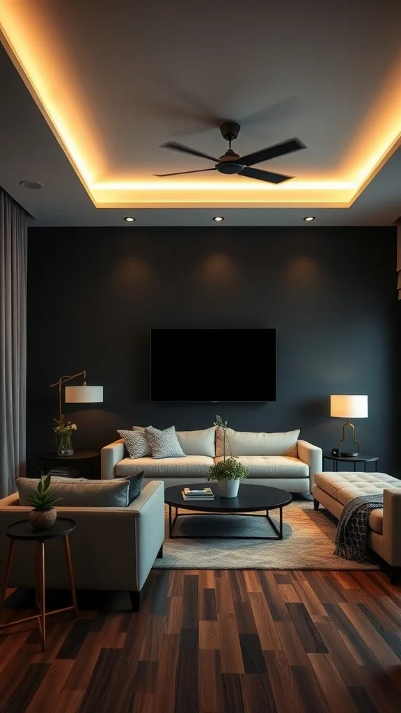 A stylish living room with black accent wall, featuring layered lighting from ceiling fixtures, lamps, and natural light.