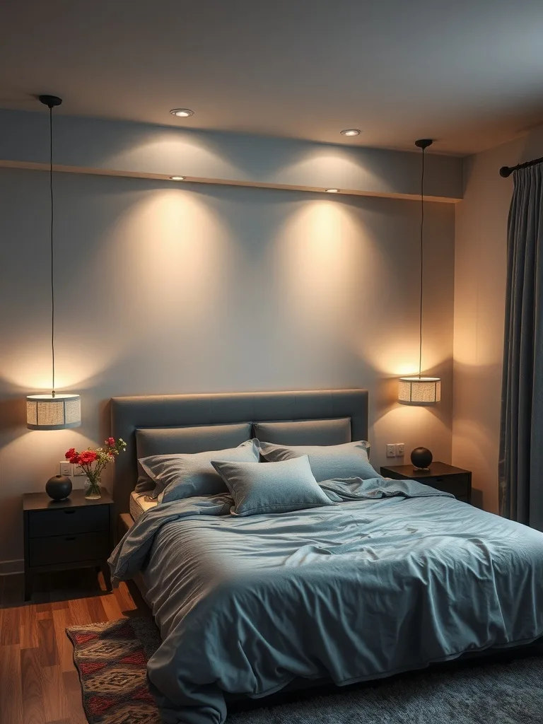 A stylish gray bedroom with layered lighting, featuring ceiling lights and lamps by the bed.