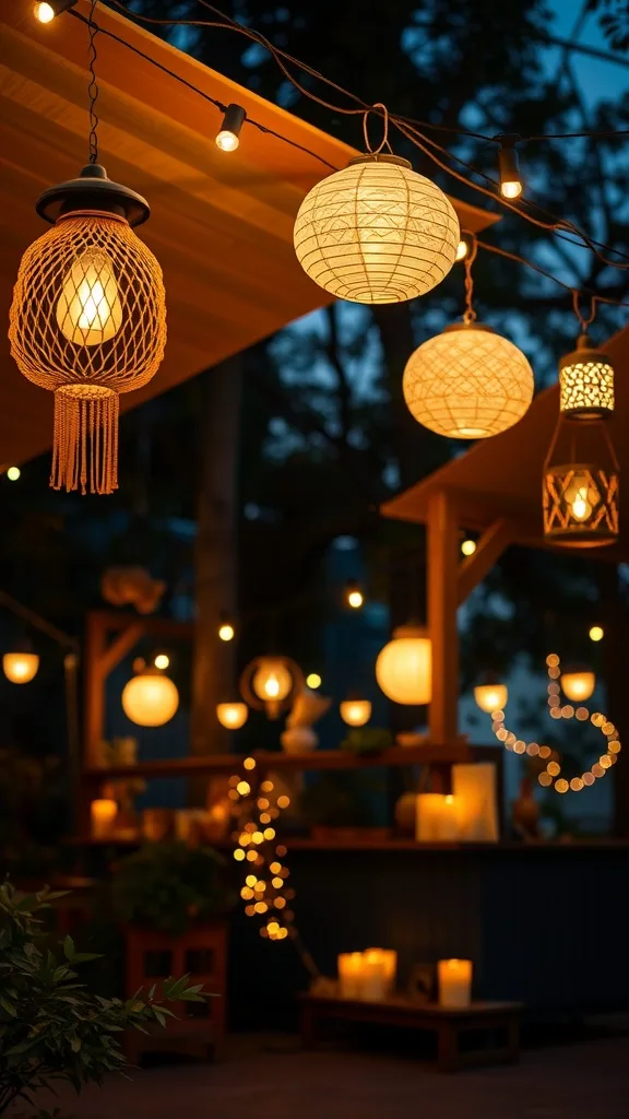 Outdoor patio with layered lighting including hanging lanterns, string lights, and candles