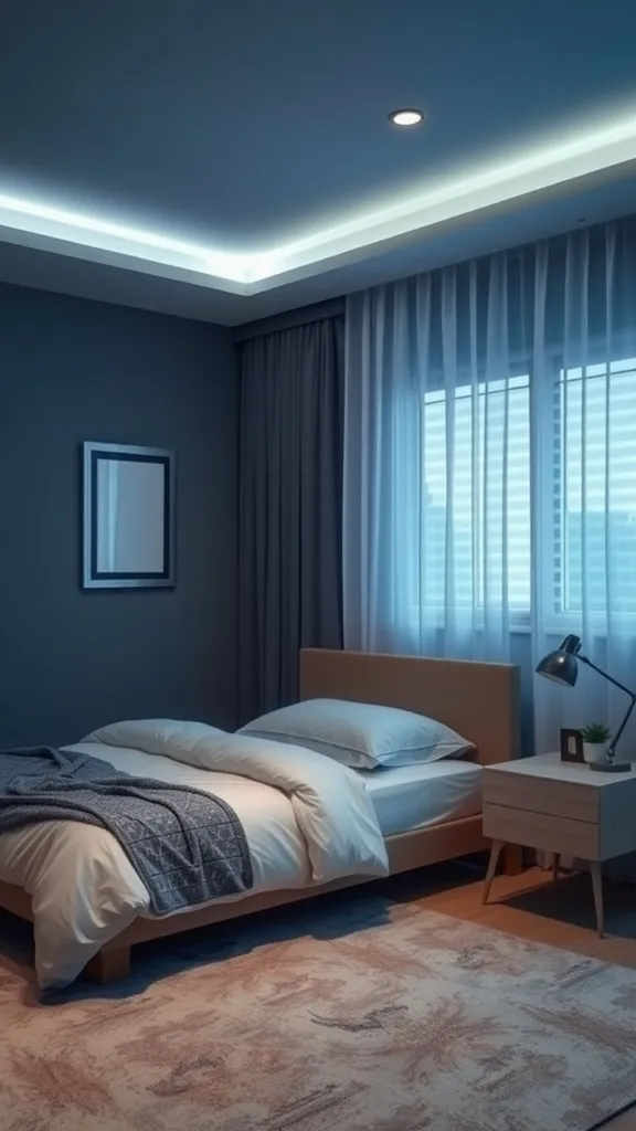 A stylish blue and gray bedroom featuring layered lighting solutions.