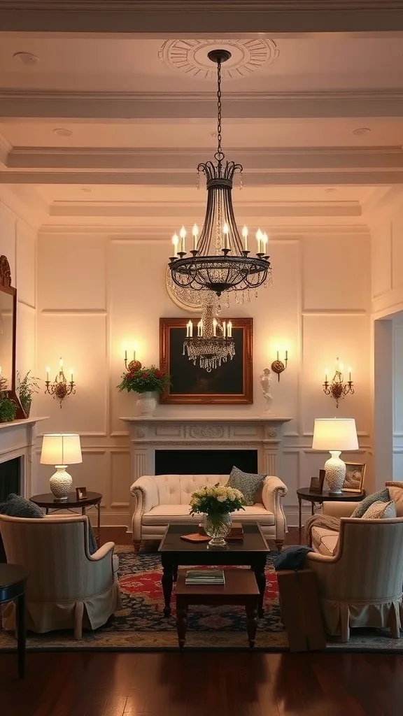 A colonial living room featuring layered lighting with a chandelier, table lamps, and wall sconces.