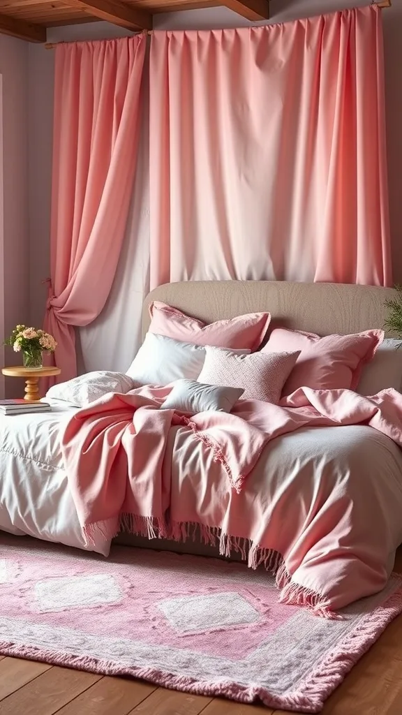 A cozy pink bedroom featuring layered textiles including curtains, blankets, and a rug.