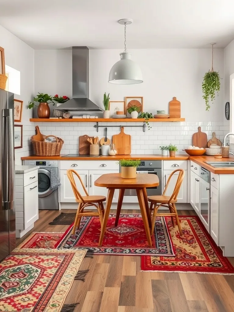 A modern boho kitchen featuring layered rugs, showcasing a cozy and inviting atmosphere.