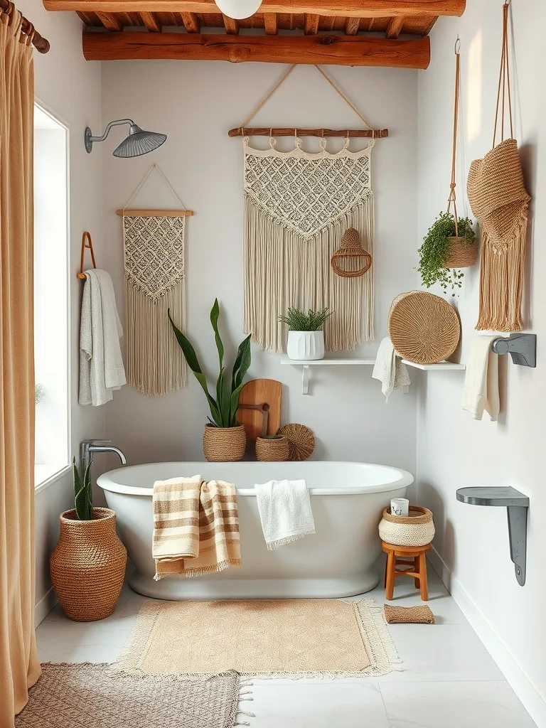 A modern boho bathroom with layered textures, including woven baskets, soft towels, and a stylish rug.