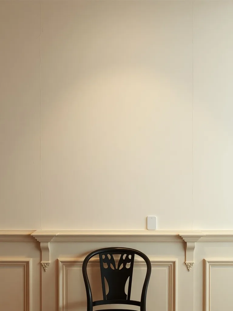 A black chair in front of a beige wall with chair rail molding.