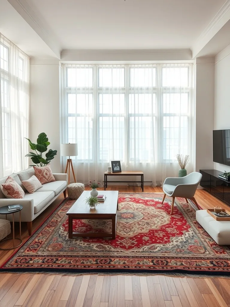 A neutral living room featuring a layered rug setup with a red and intricate design over a wooden floor, showcasing a cozy and inviting atmosphere.