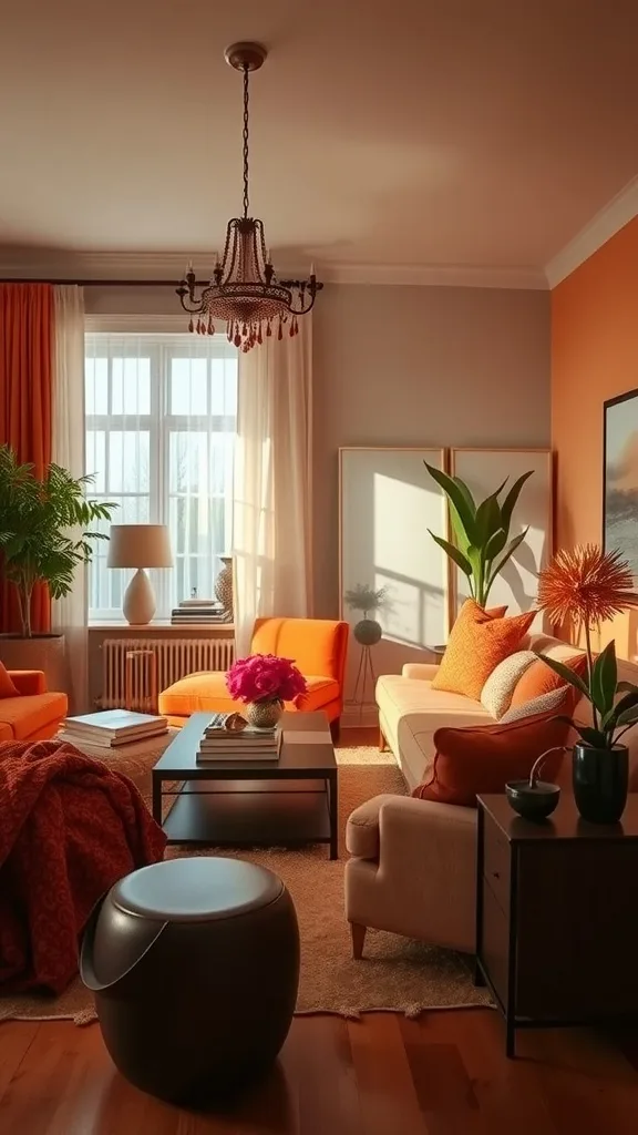 A cozy orange-themed living room with a mix of shades and textures.