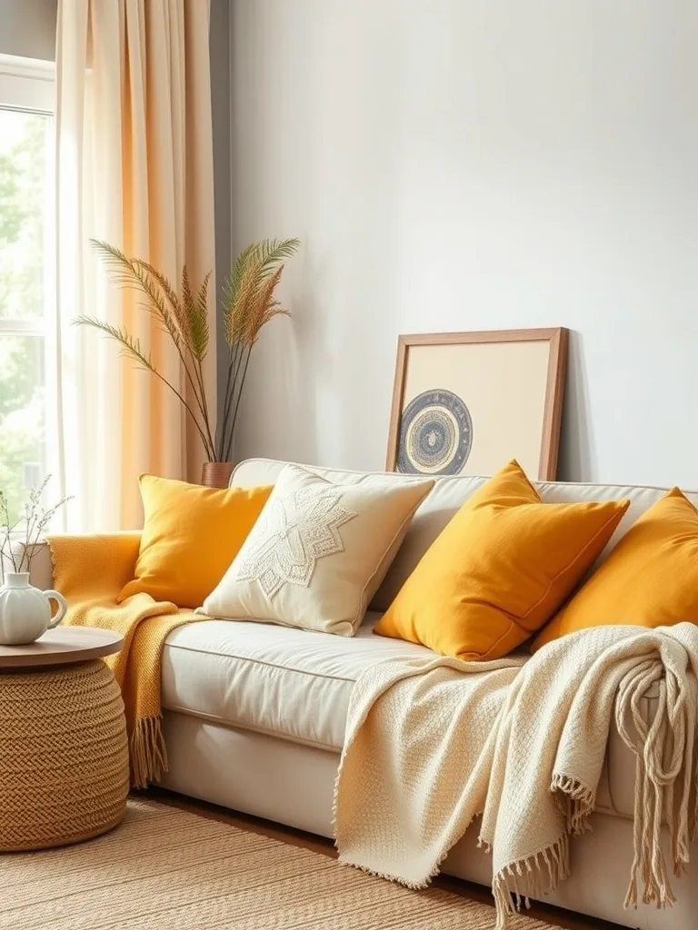 A cozy living room with layered yellow decor, featuring a white sofa, yellow pillows, and natural light.