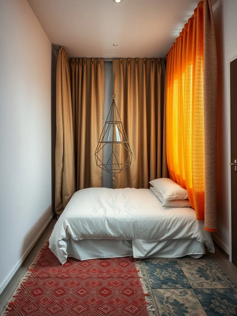 Cozy narrow bedroom with layered curtains, a white bed, and patterned rugs.