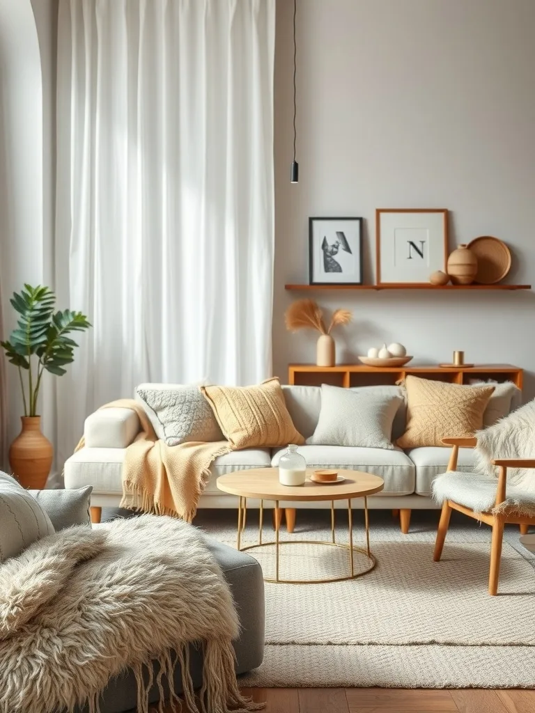 A cozy neutral living room featuring layered textures with soft cushions, a fluffy throw blanket, wooden accents, and a potted plant.