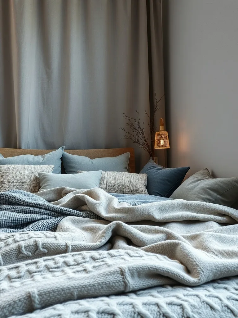 A cozy gray bedroom with layered textures including soft blankets and plush pillows.