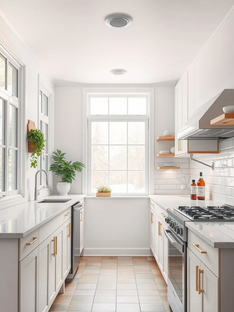 A small galley kitchen with bright walls, large windows, and minimalist décor, showcasing a light and airy atmosphere.