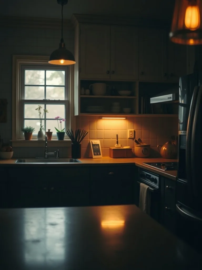 A dimly lit kitchen with warm light fixtures and a cozy atmosphere.