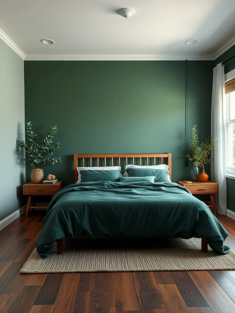 A serene bedroom featuring lush forest green walls, a cozy bed, and wooden furniture.