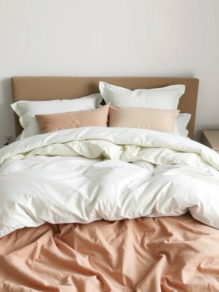 A well-made bed with white and peach bedding, featuring fluffy pillows.