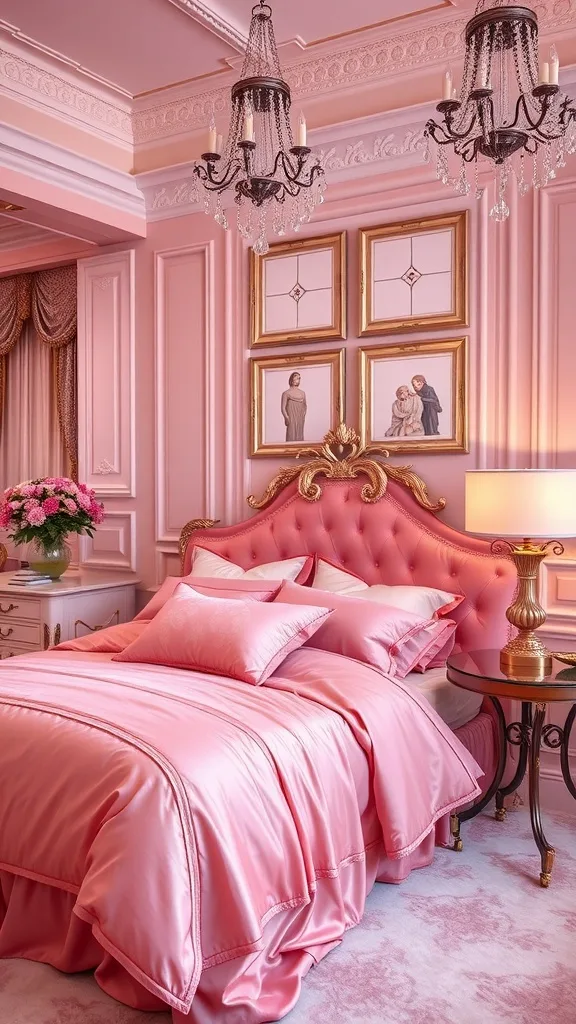 Luxurious pink bedding in a beautifully designed bedroom.